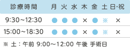 診療時間 9:30～12:30 15:00～18:30 ※ 土：午前 9:00〜12:00 午後 手術日